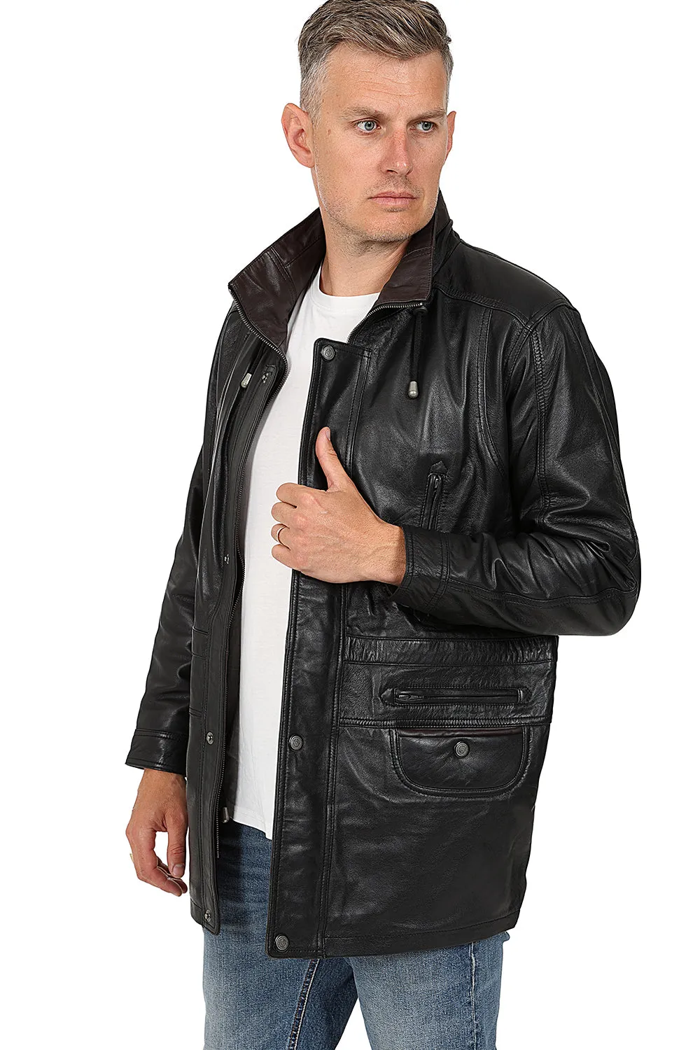 Men's Black Classic  Length Real Leather Coat - 'JERRY'