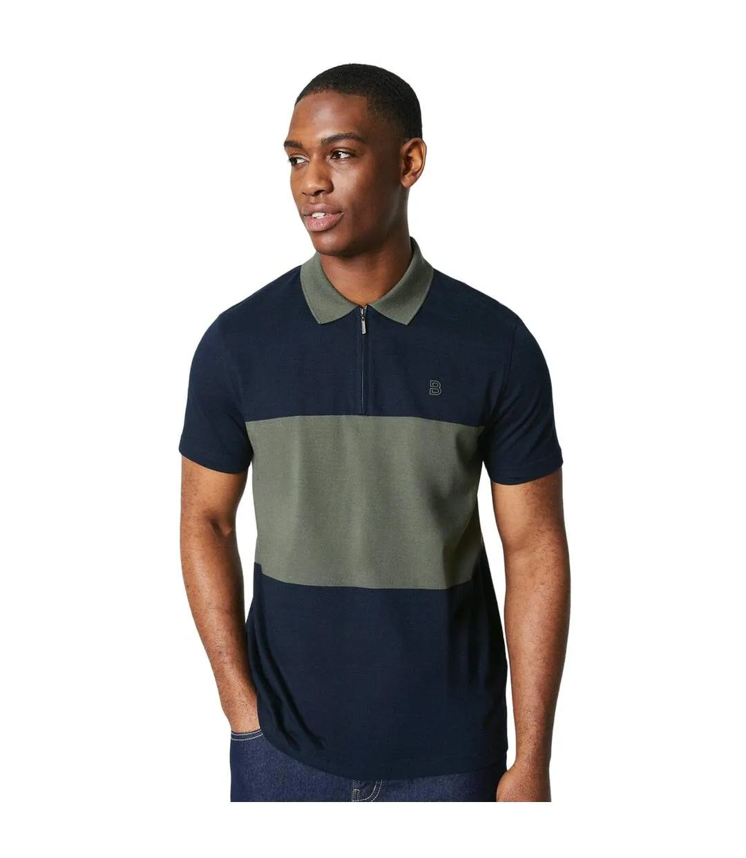 Mens block stripe zip neck polo shirt navy Burton