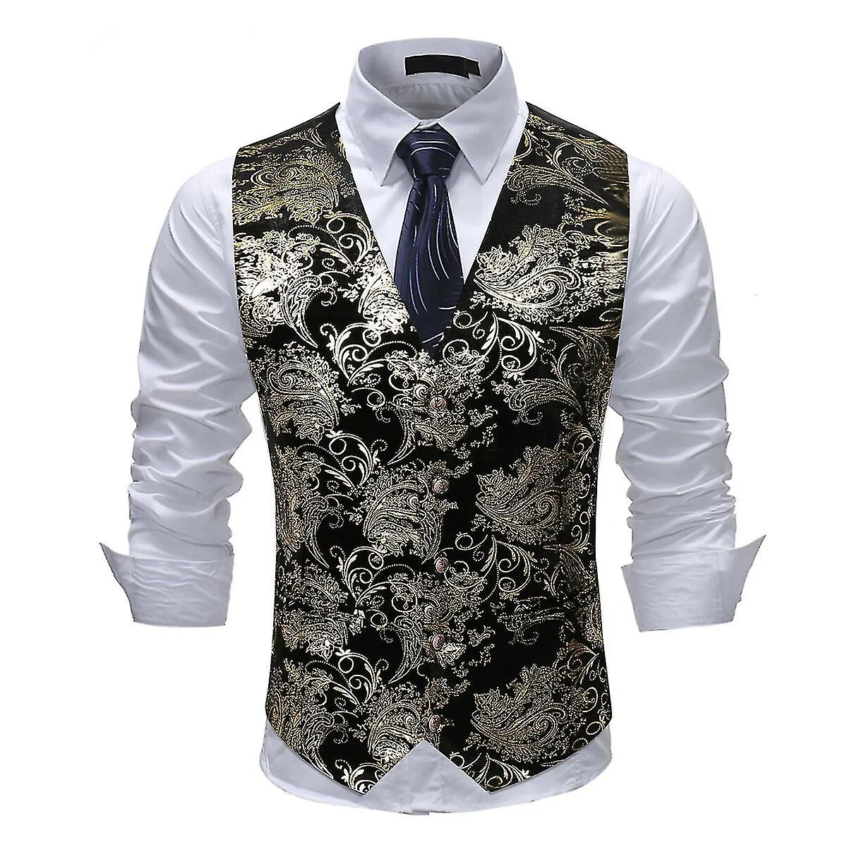 Mens Hipster Metallic Paisley Printed Single Breasted V-neck Suit Vest/tuxedo Waistcoat