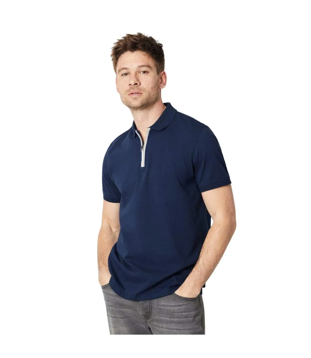 Mens zip split placket polo shirt navy Burton