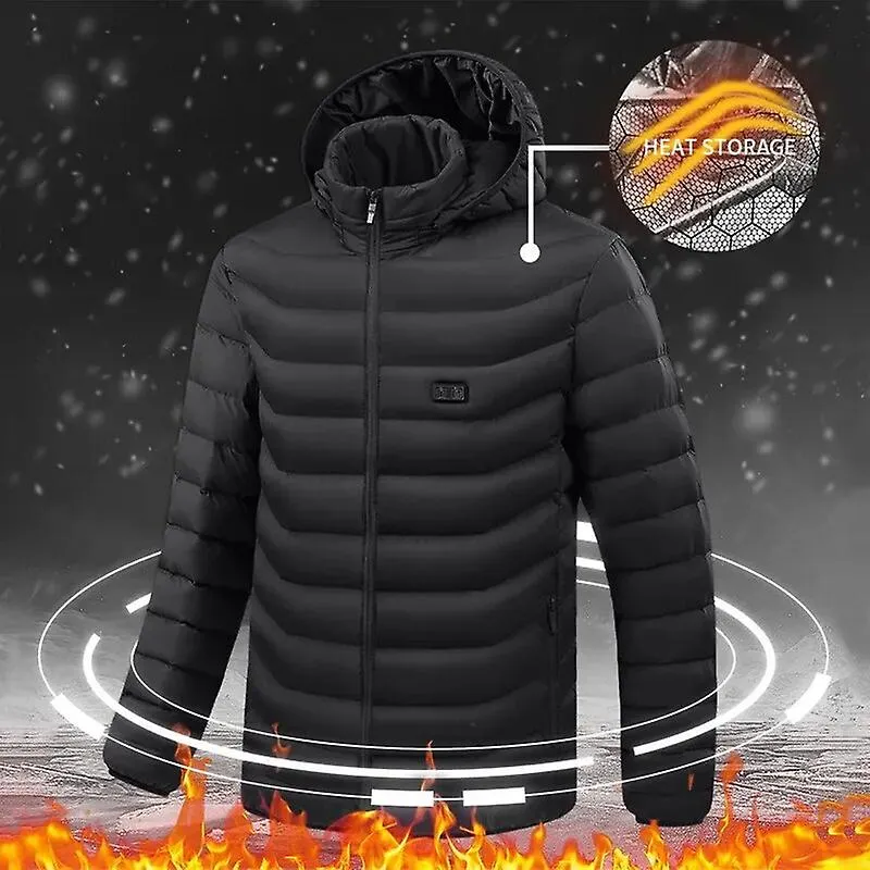 Men/Women Winter Warm USB Heating Jackets Smart Thermostat Pure Color Hooded Heated Clothing (Black, Size 2XL)