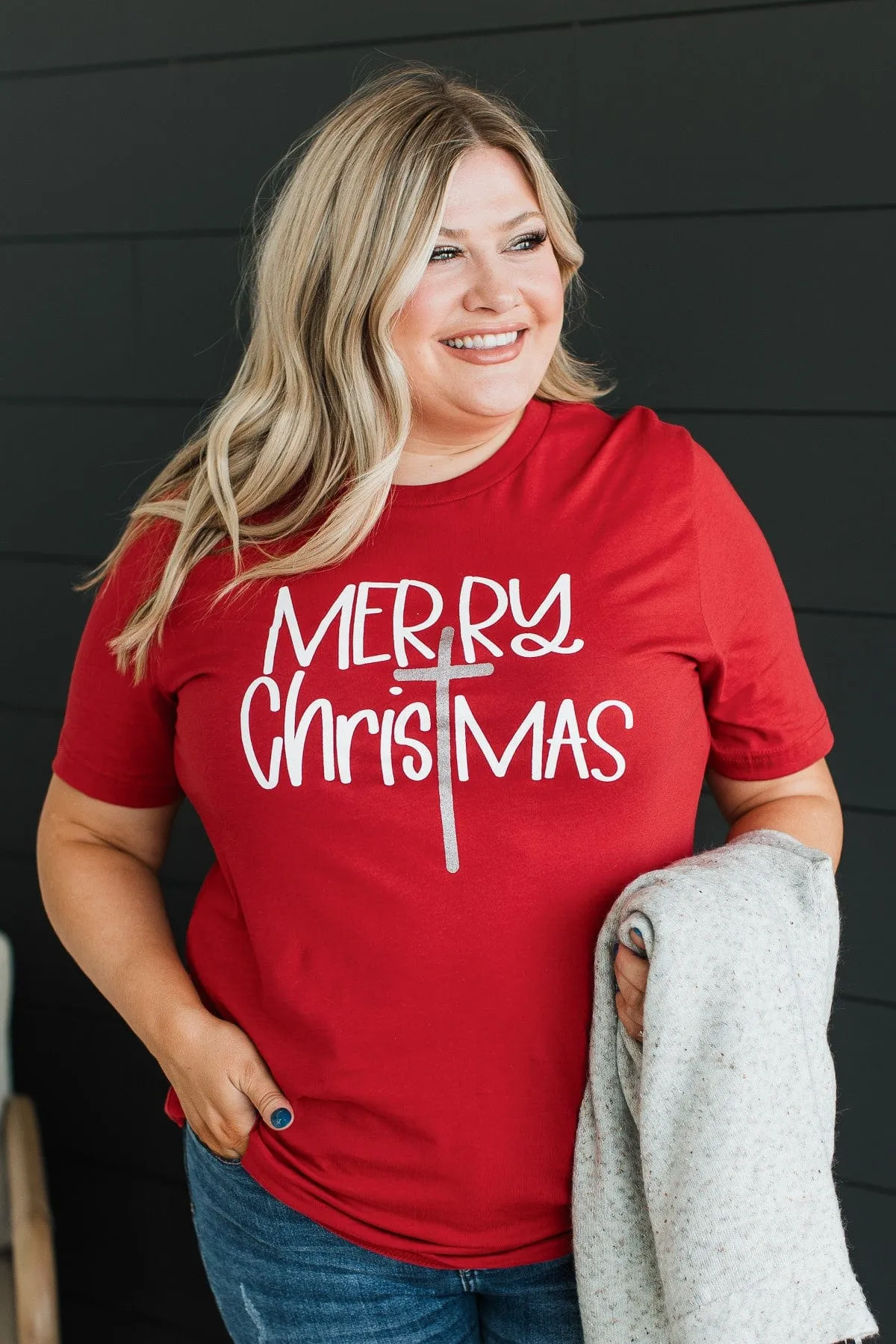 Merry Christmas Cross Graphic Tee- Red