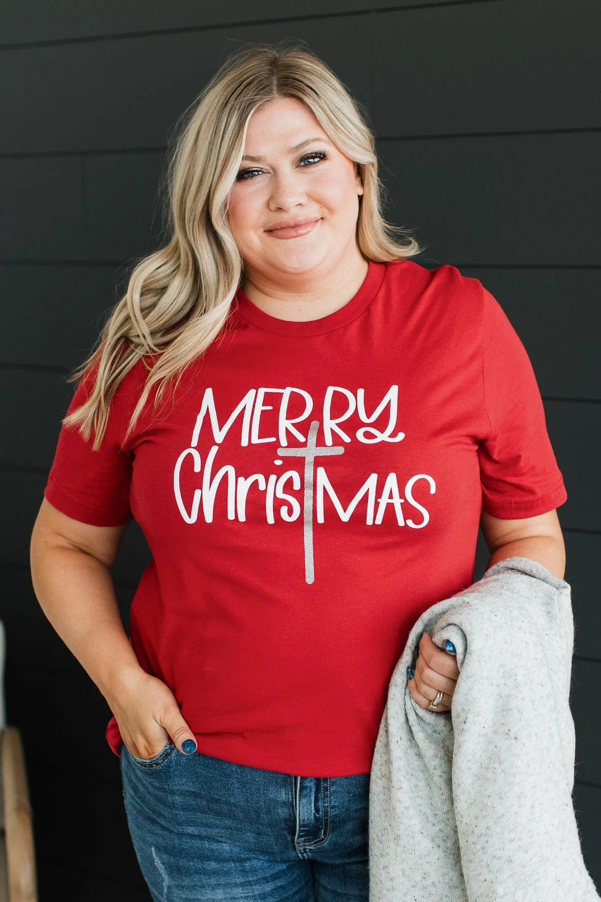 Merry Christmas Cross Graphic Tee- Red