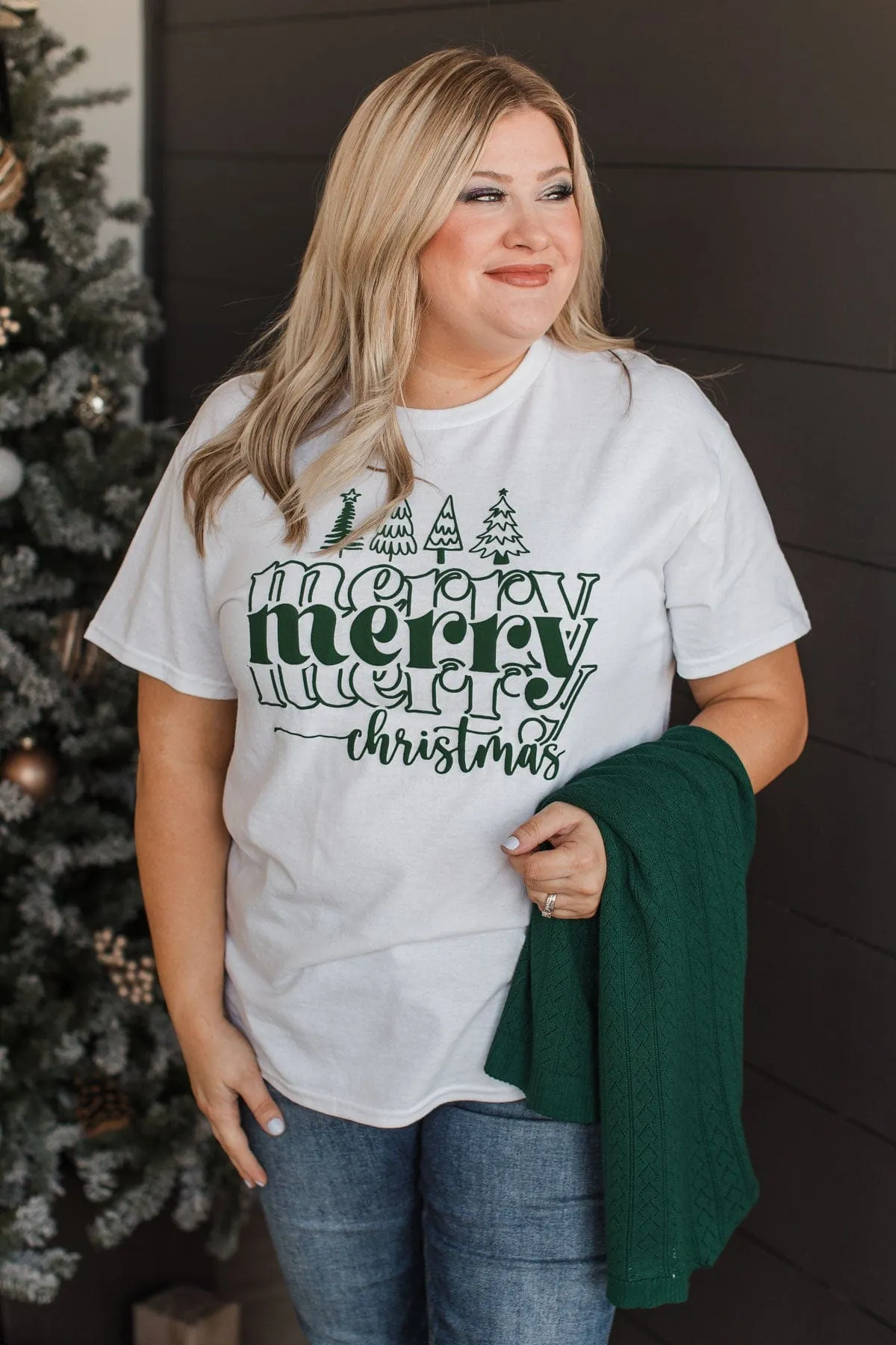 Merry Christmas Stacked Graphic Top- White