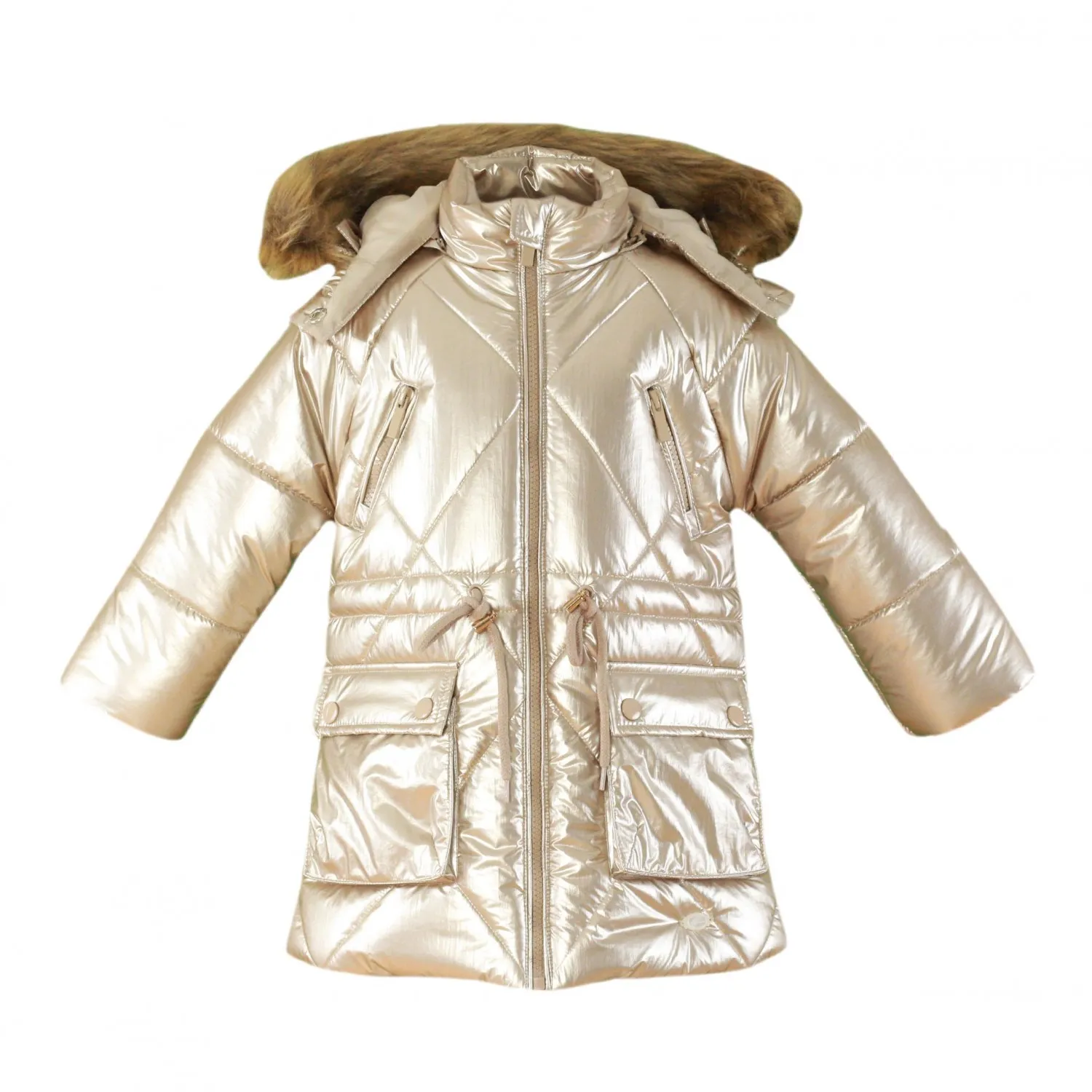 Metallic coat for girls with fur hood.