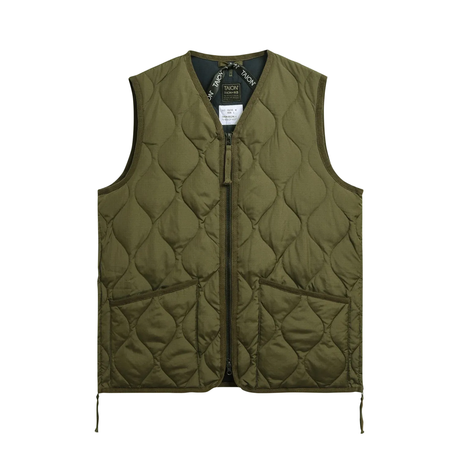 Military Zip V-Neck Down Vest - Olive