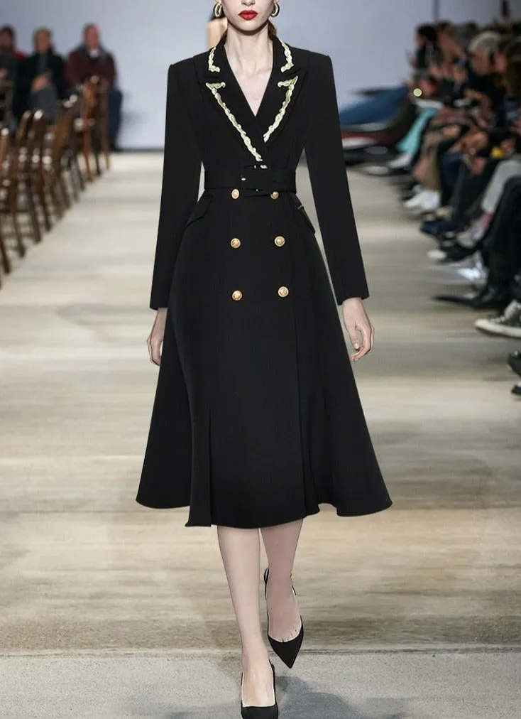 Mona Autumn Winter Trench  Embroidery Turn-down Collar Overcoat