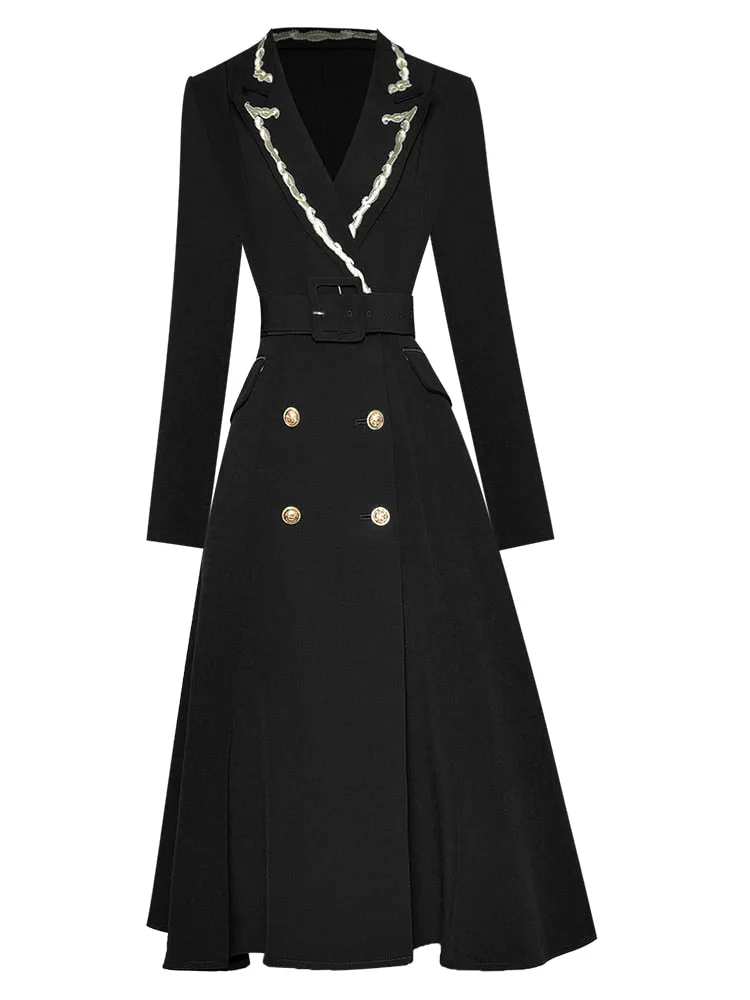 Mona Autumn Winter Trench  Embroidery Turn-down Collar Overcoat