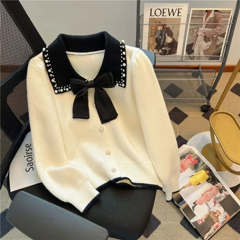 Nancy Cici Direct Store Recommendation~French Knitted Cardigan Women's Bow Sweet Beaded Sweater Coat Autumn