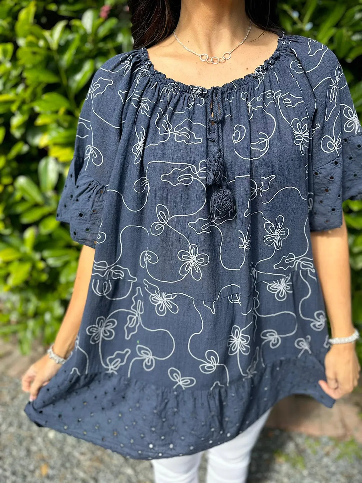 Navy Patterned Tassel Bardot Tunic Penny