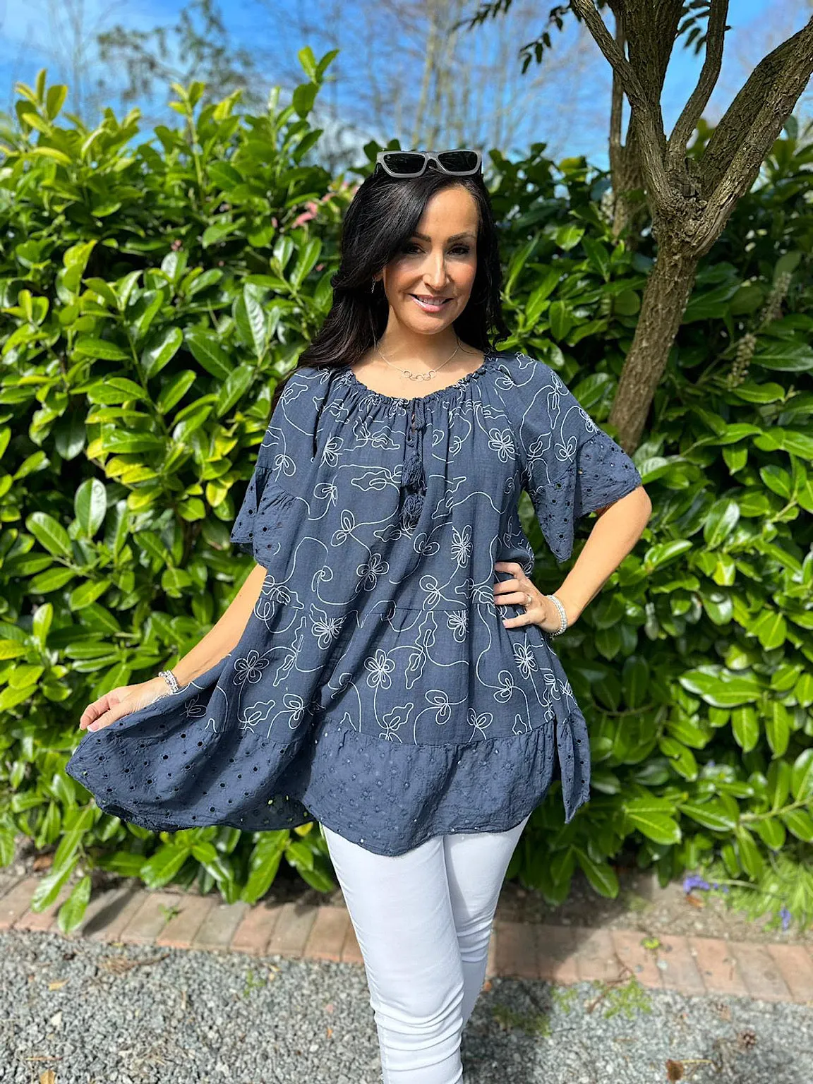 Navy Patterned Tassel Bardot Tunic Penny