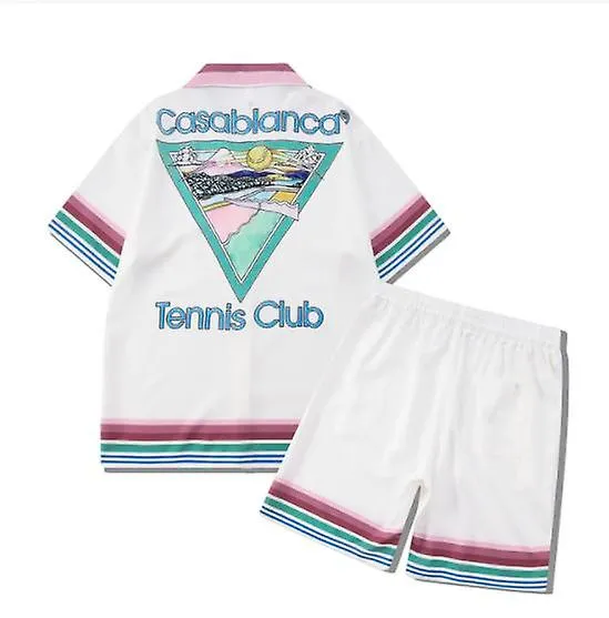 Nueva Casablanca Color Stripe Club de Tenis Hombres Mujeres Short Set Hawaii Beach Suit Hip Hop Shirt Shorts Couple Suit Casa