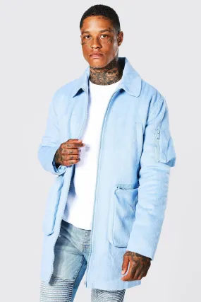 Plain Utility Zip Through Overcoat | boohooMAN UK