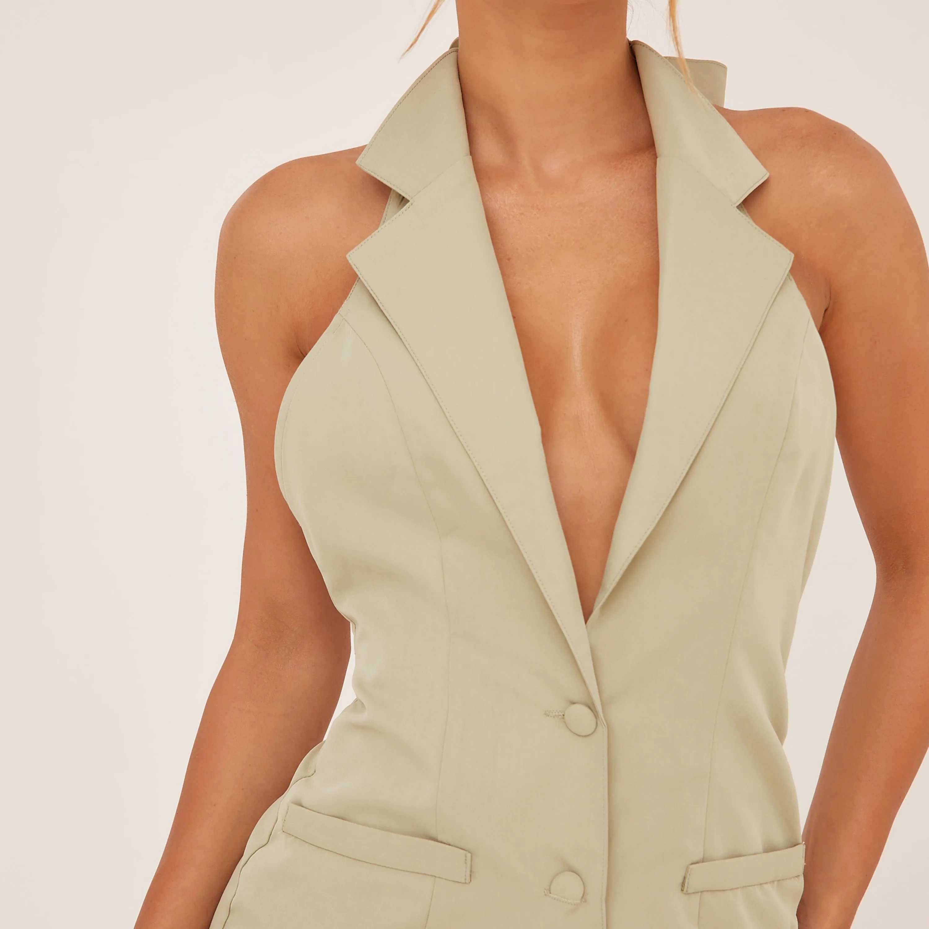 Plunge Button Front Open Back Tailored Playsuit In Sage Green