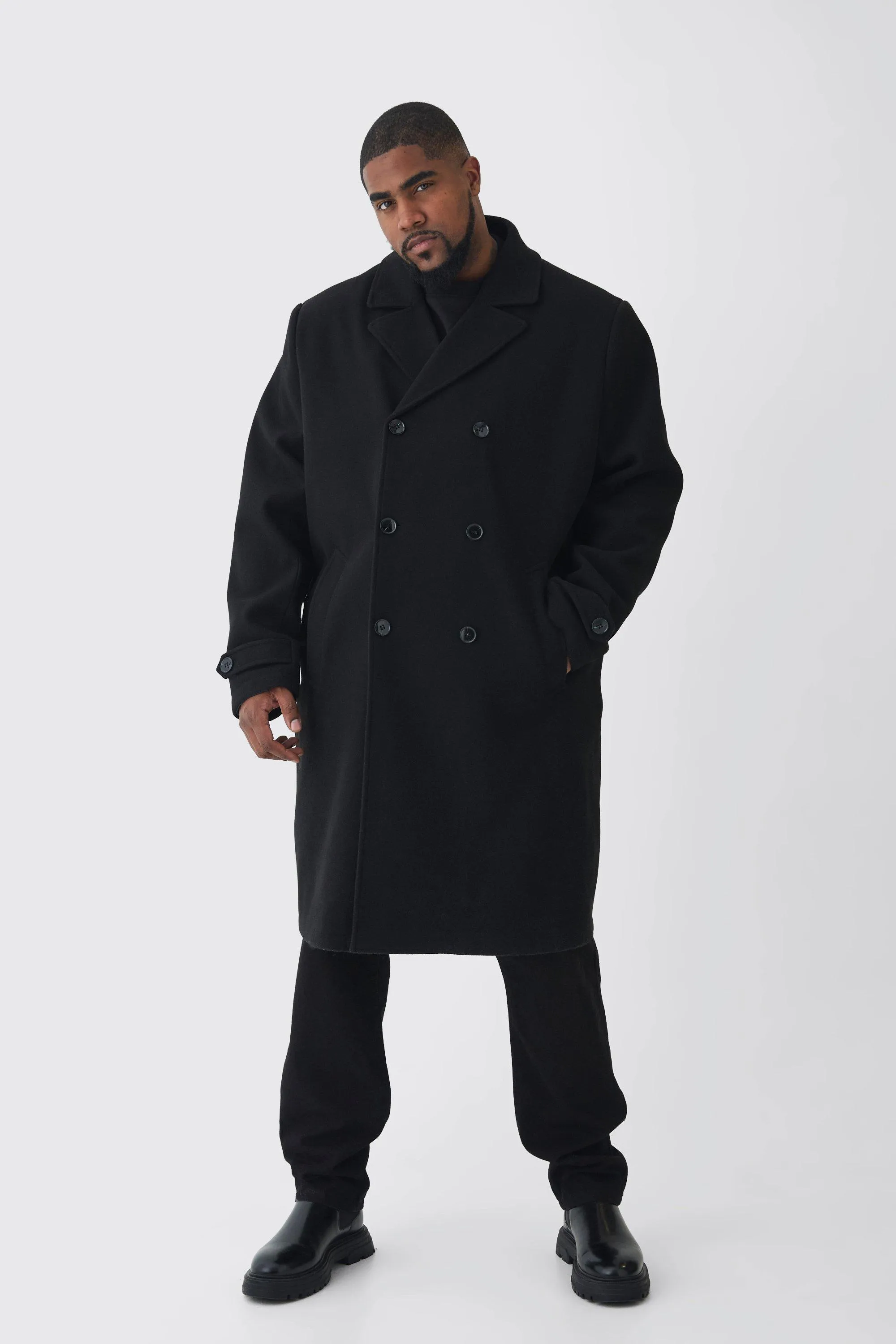 Plus Double Breasted Wool Look Overcoat in Black | boohooMAN UK