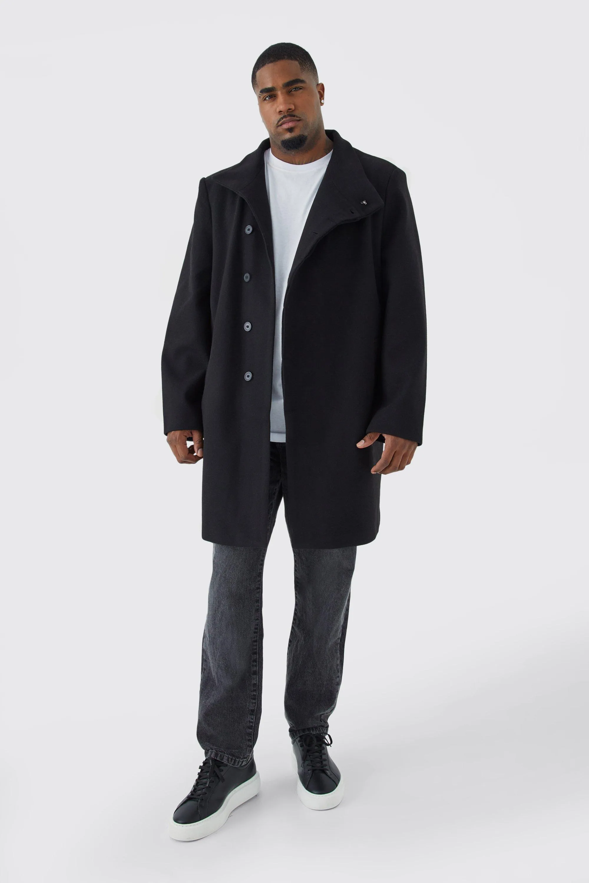 Plus Funnel Neck Wool Look Overcoat | boohooMAN UK