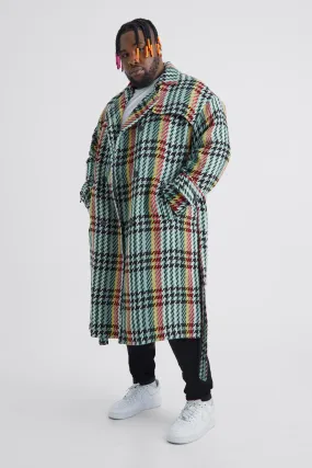 Plus Wool Look Check Double Breasted Overcoat in Green