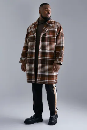 Plus Wool Look Check Single Breasted Overcoat | boohooMAN UK