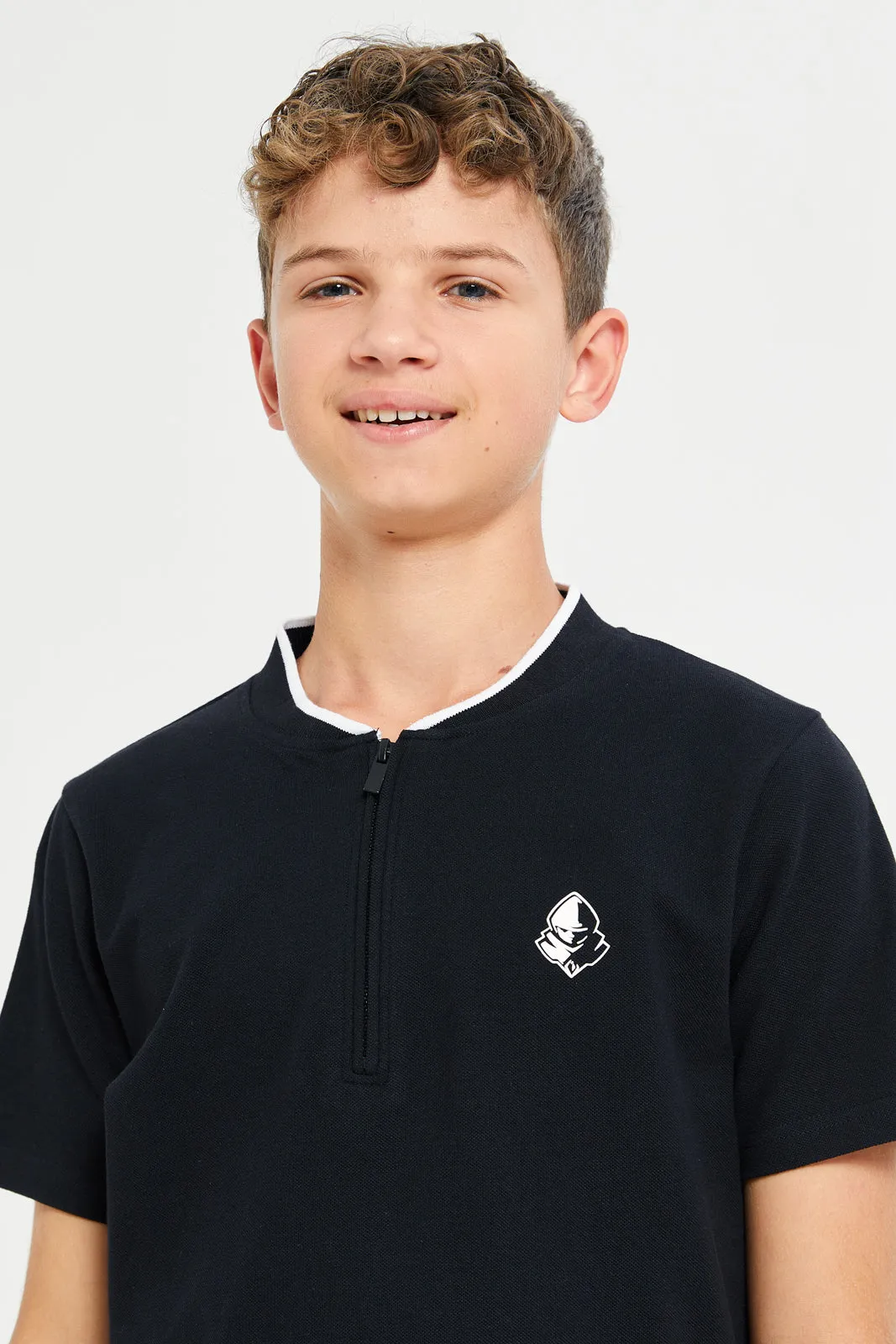 Senior Boys Black Printed Polo Shirt