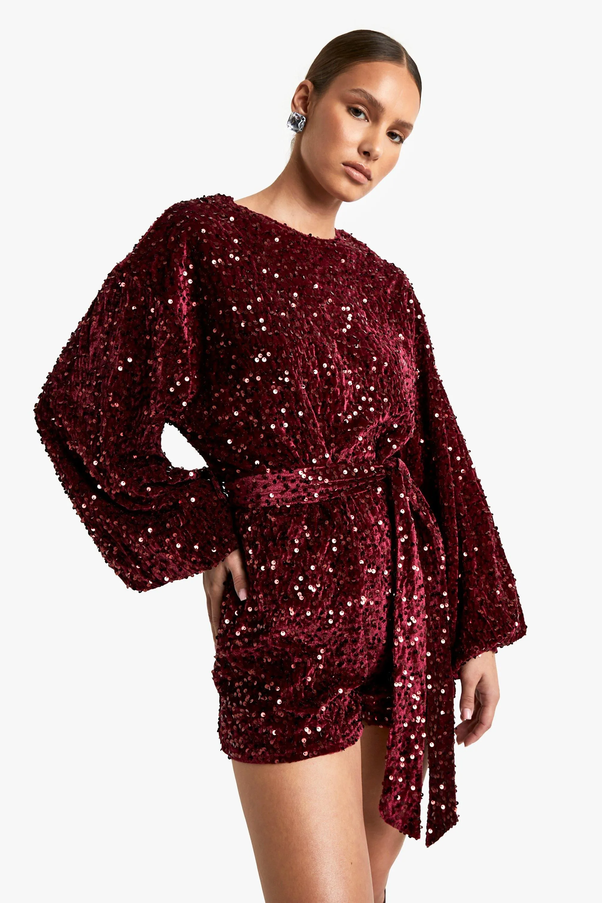 Sequin Extreme Sleeve Belted Playsuit