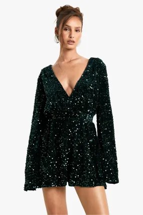 Sequin Flare Sleeve Open Back Playsuit