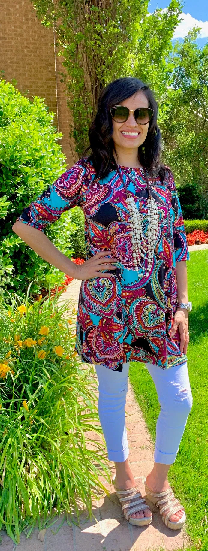 SM-LRG : Black Multi Color Paisley Flutter Tunic