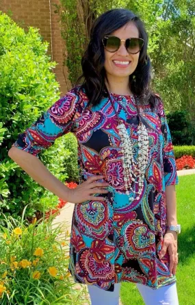 SM-LRG : Black Multi Color Paisley Flutter Tunic