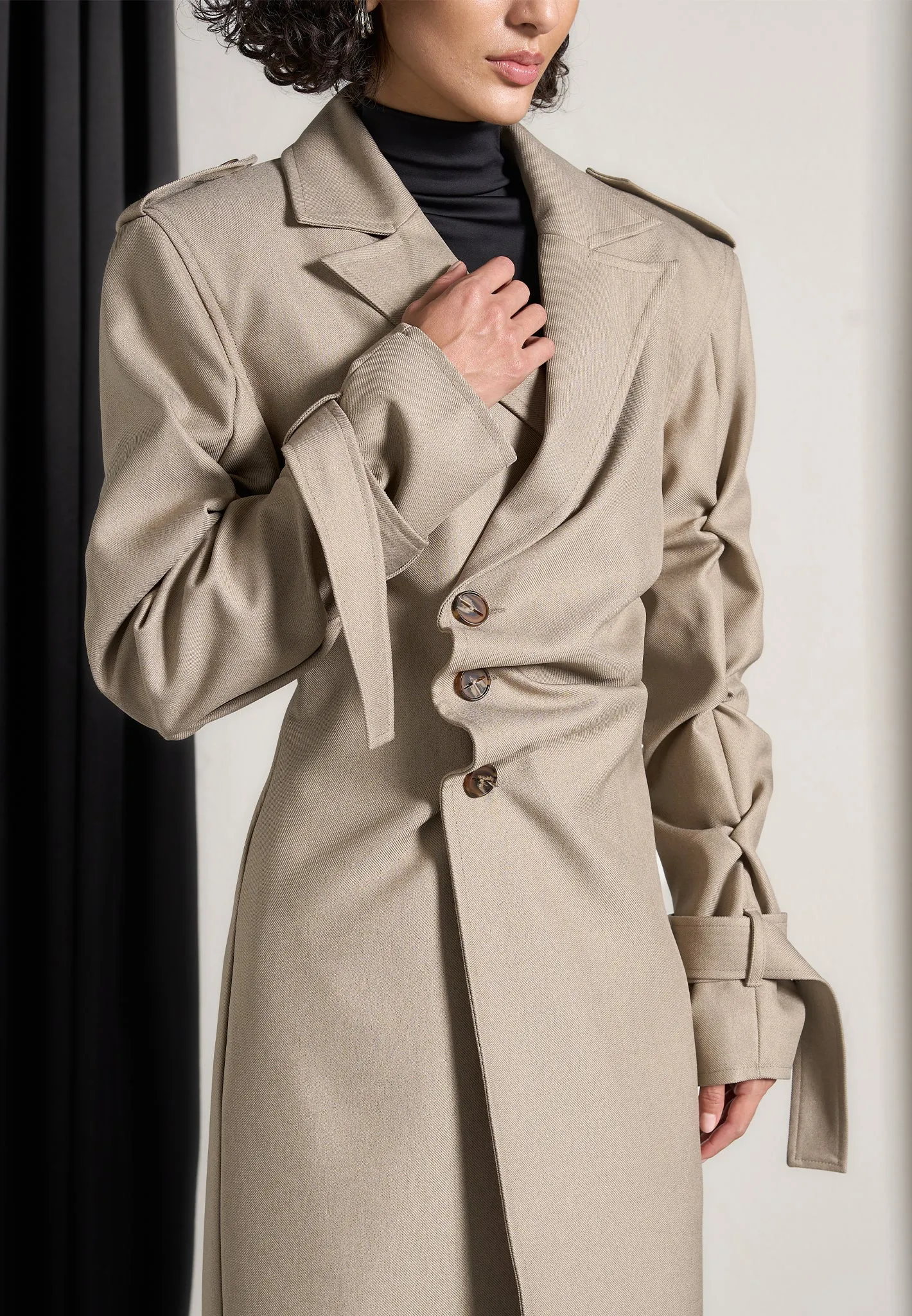 Tacked Sleeve Asymmetric Tailored Trench Coat - Beige