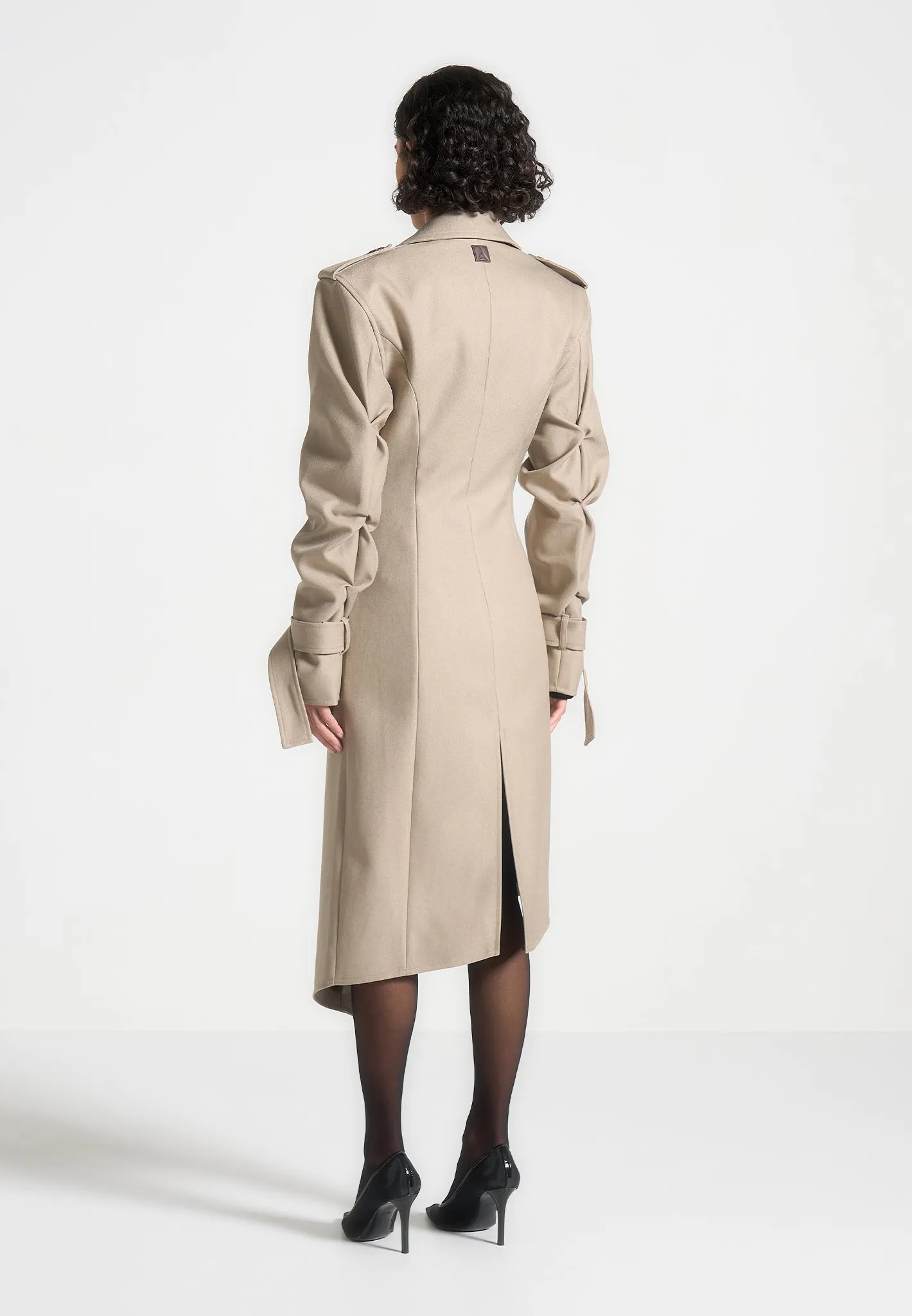 Tacked Sleeve Asymmetric Tailored Trench Coat - Beige