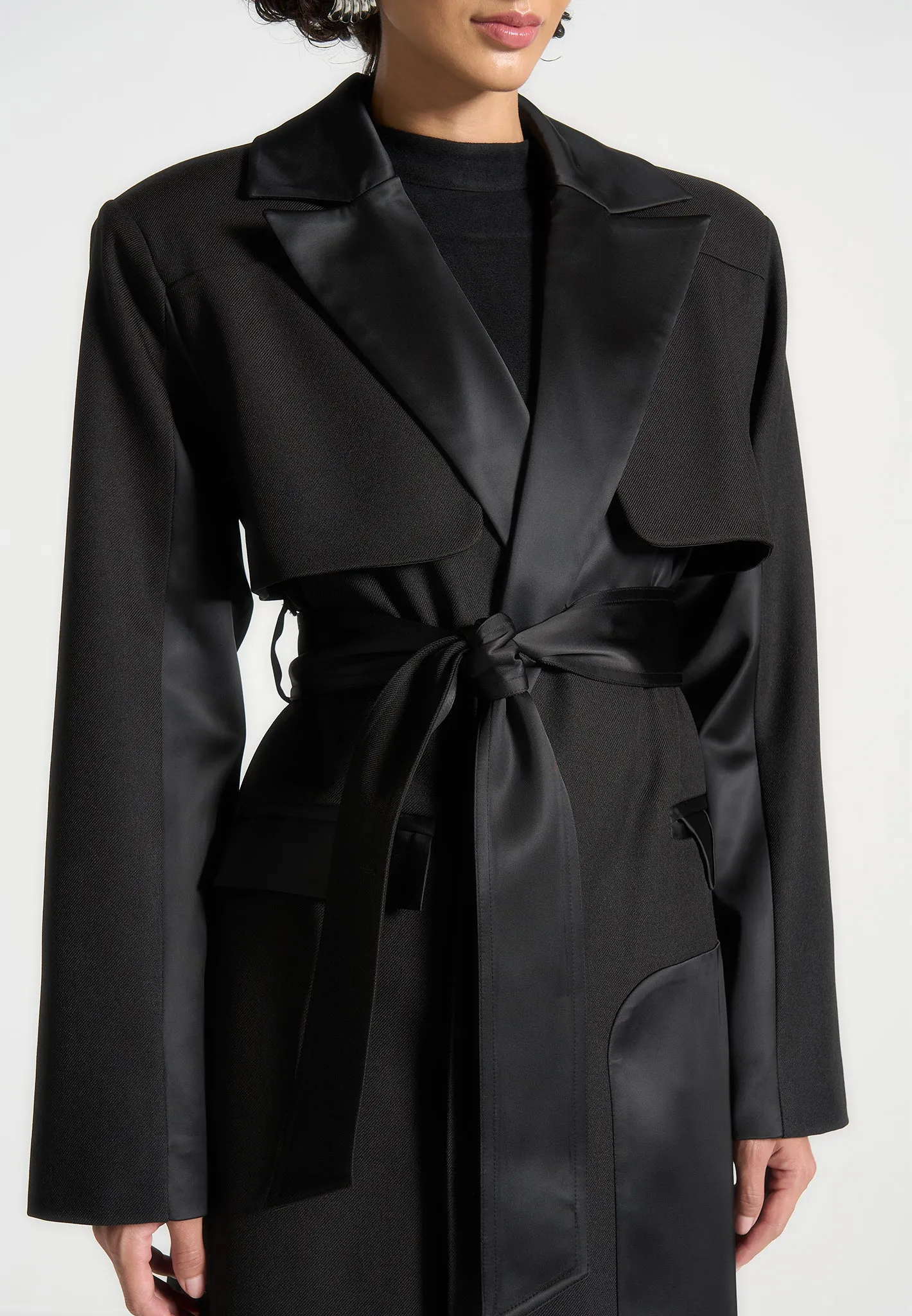 Tailored Satin Trench Coat - Black