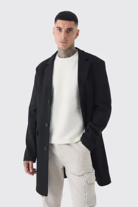 Tall Single Breasted Wool Look Overcoat in Black | boohooMAN UK