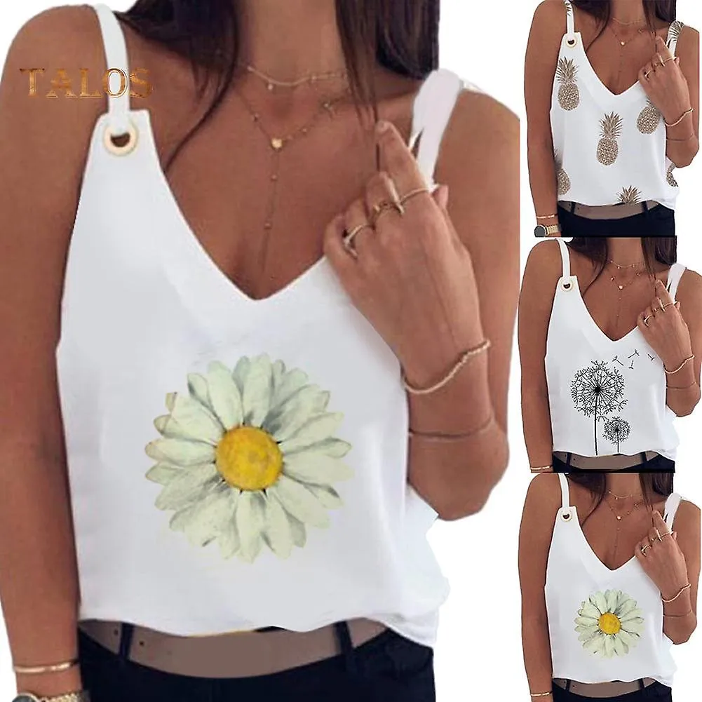 Talos Mix Fashion Women Sleeveless V Neck Sunflower Dandelion Holes Camisole Vest Blouse