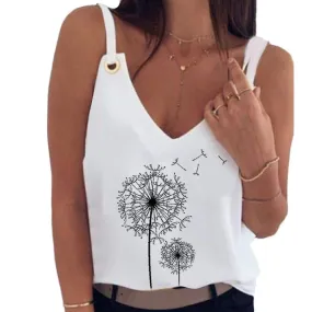 Talos Mix Fashion Women Sleeveless V Neck Sunflower Dandelion Holes Camisole Vest Blouse