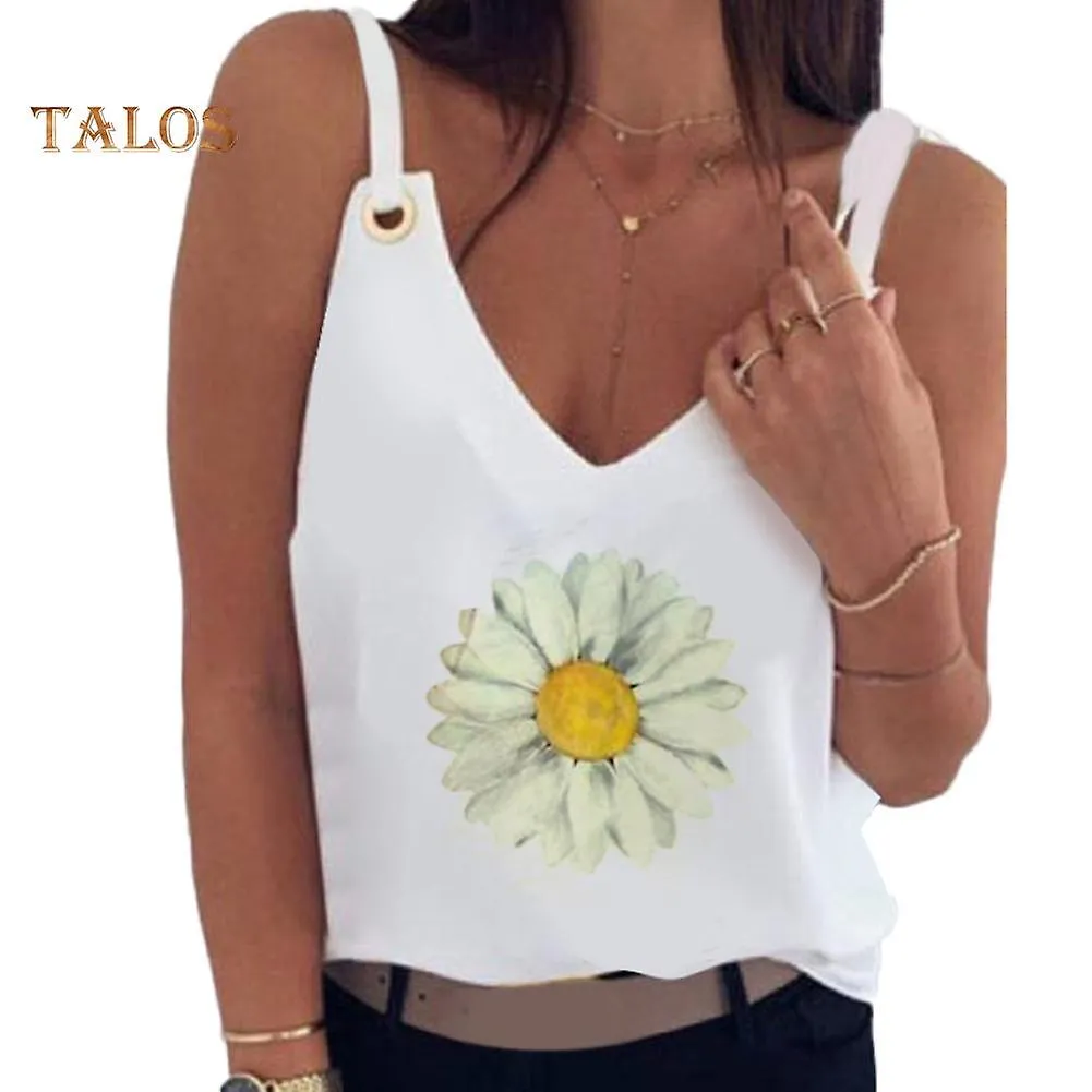 Talos Mix Fashion Women Sleeveless V Neck Sunflower Dandelion Holes Camisole Vest Blouse