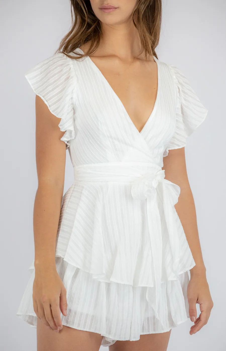 Textured Frill Sleeve Playsuit with Ruffle Detail (SJP439A)