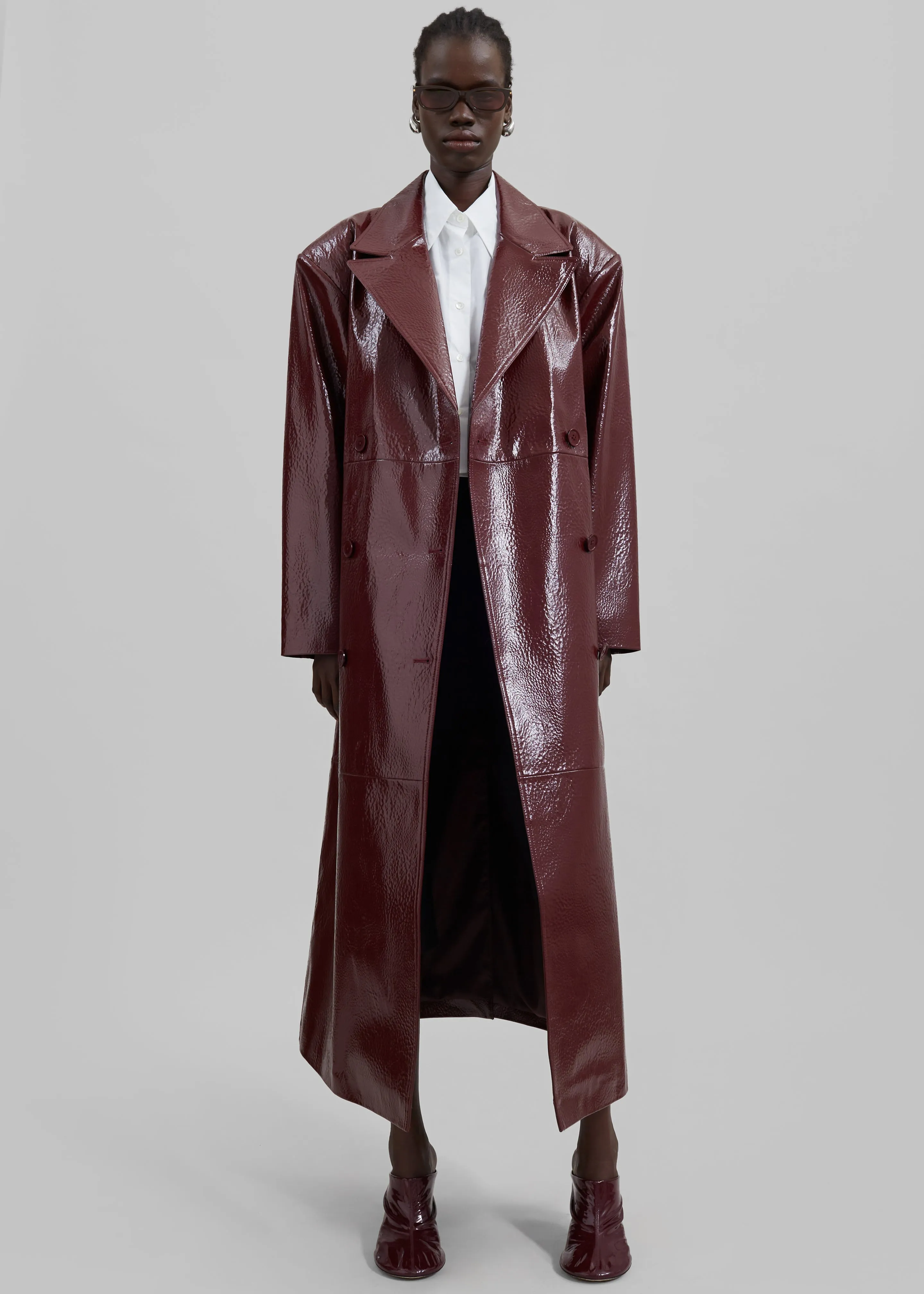 Tina Crackled Faux Leather Trench Coat - Burgundy