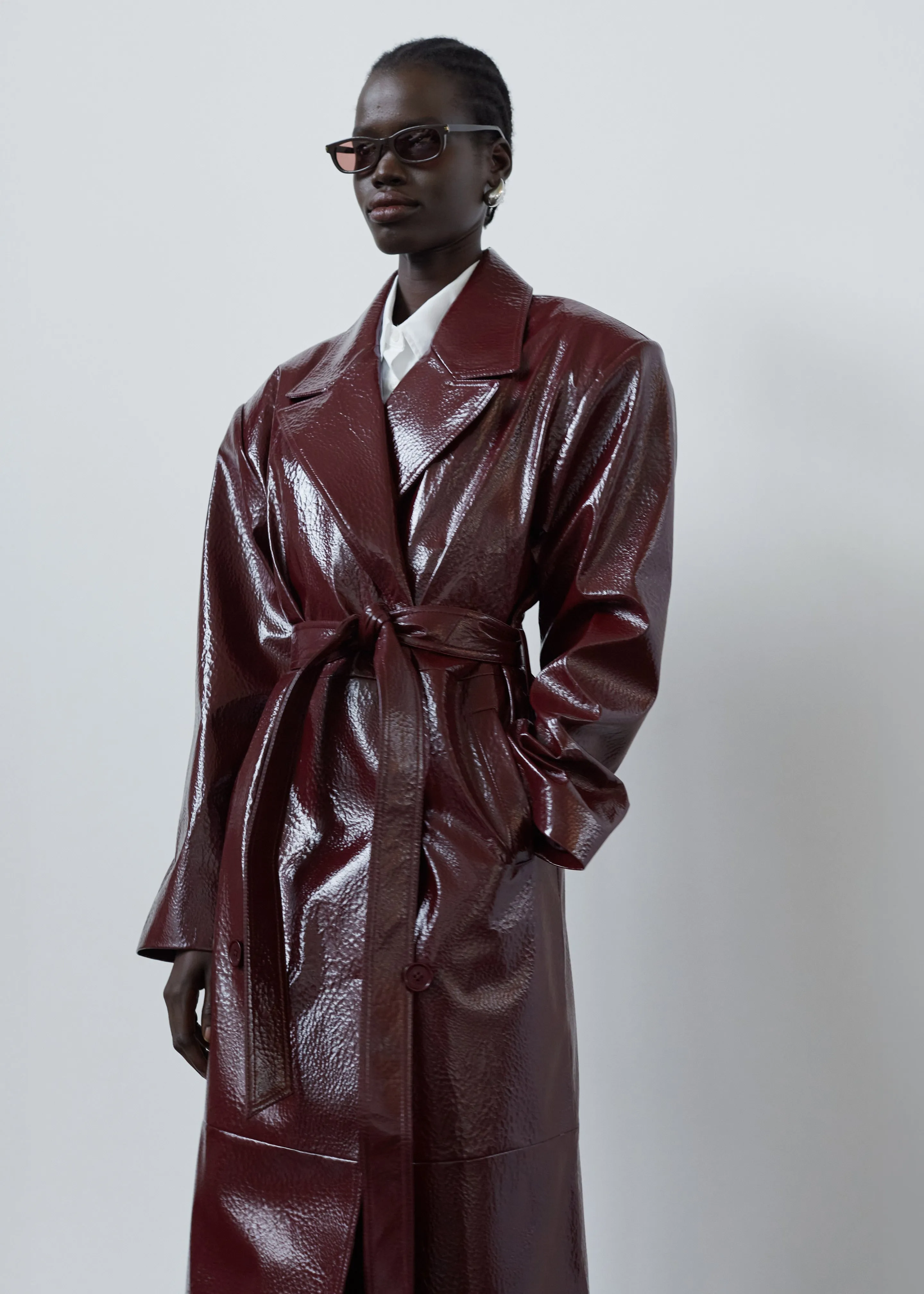 Tina Crackled Faux Leather Trench Coat - Burgundy