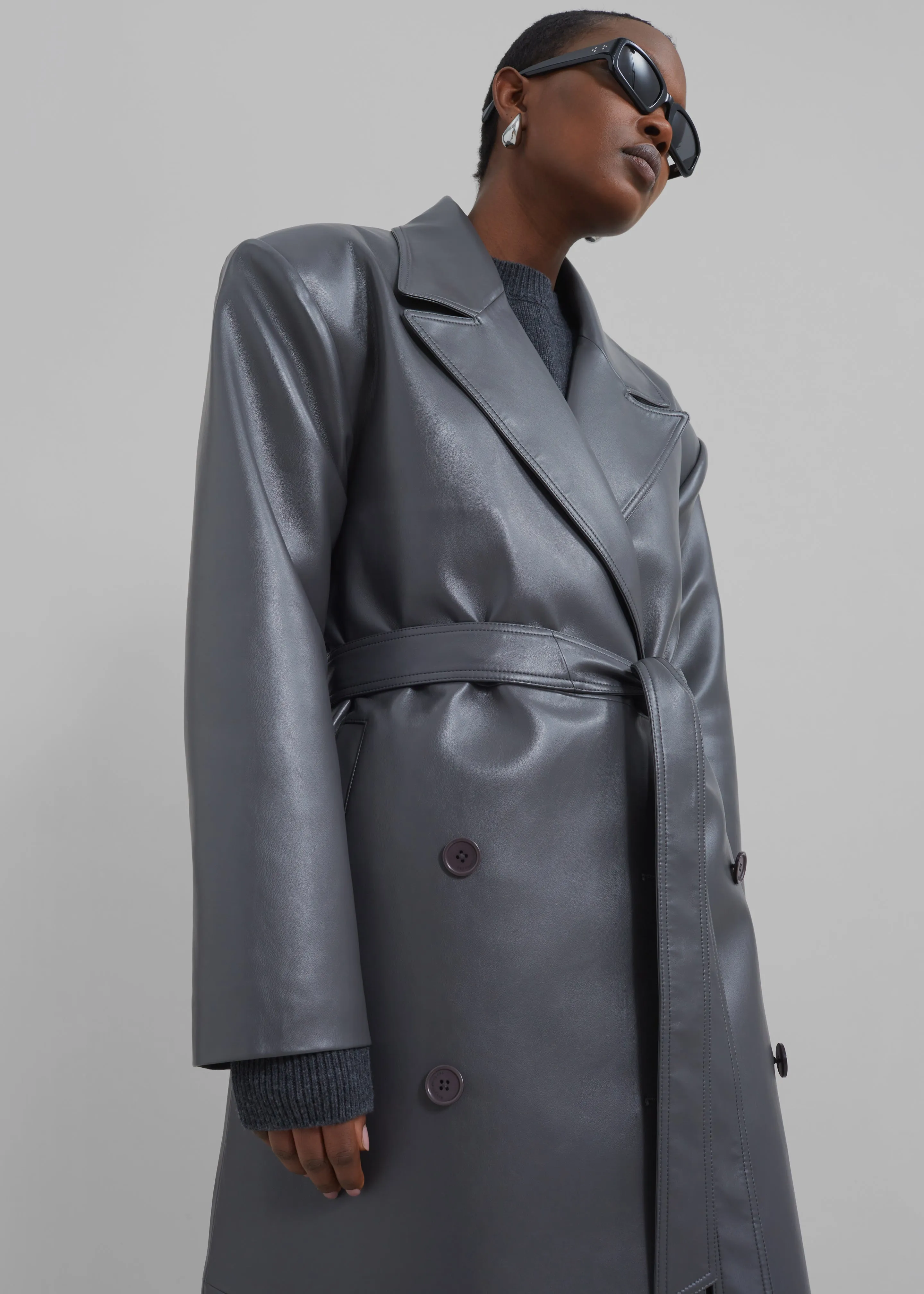 Tina Faux Leather Trench Coat - Grey