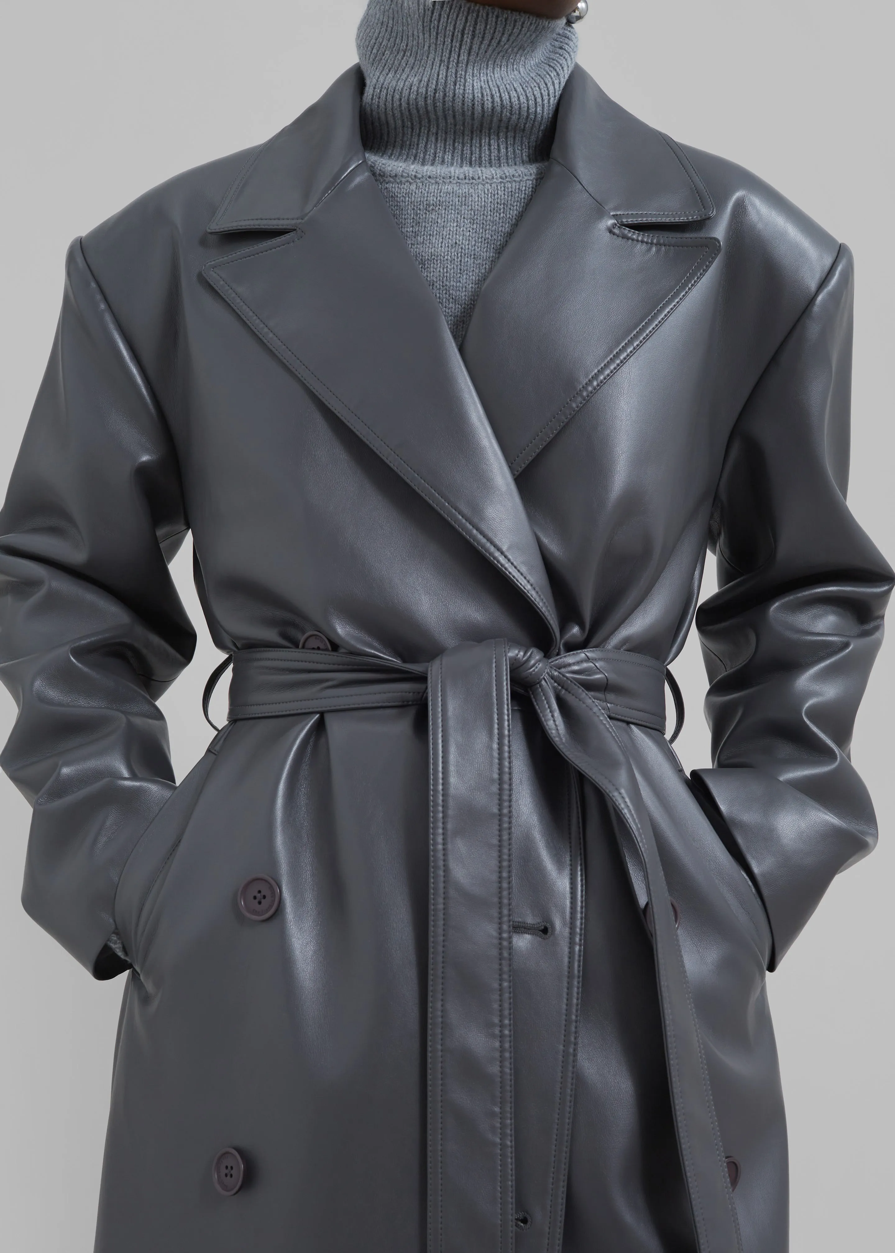 Tina Faux Leather Trench Coat - Grey