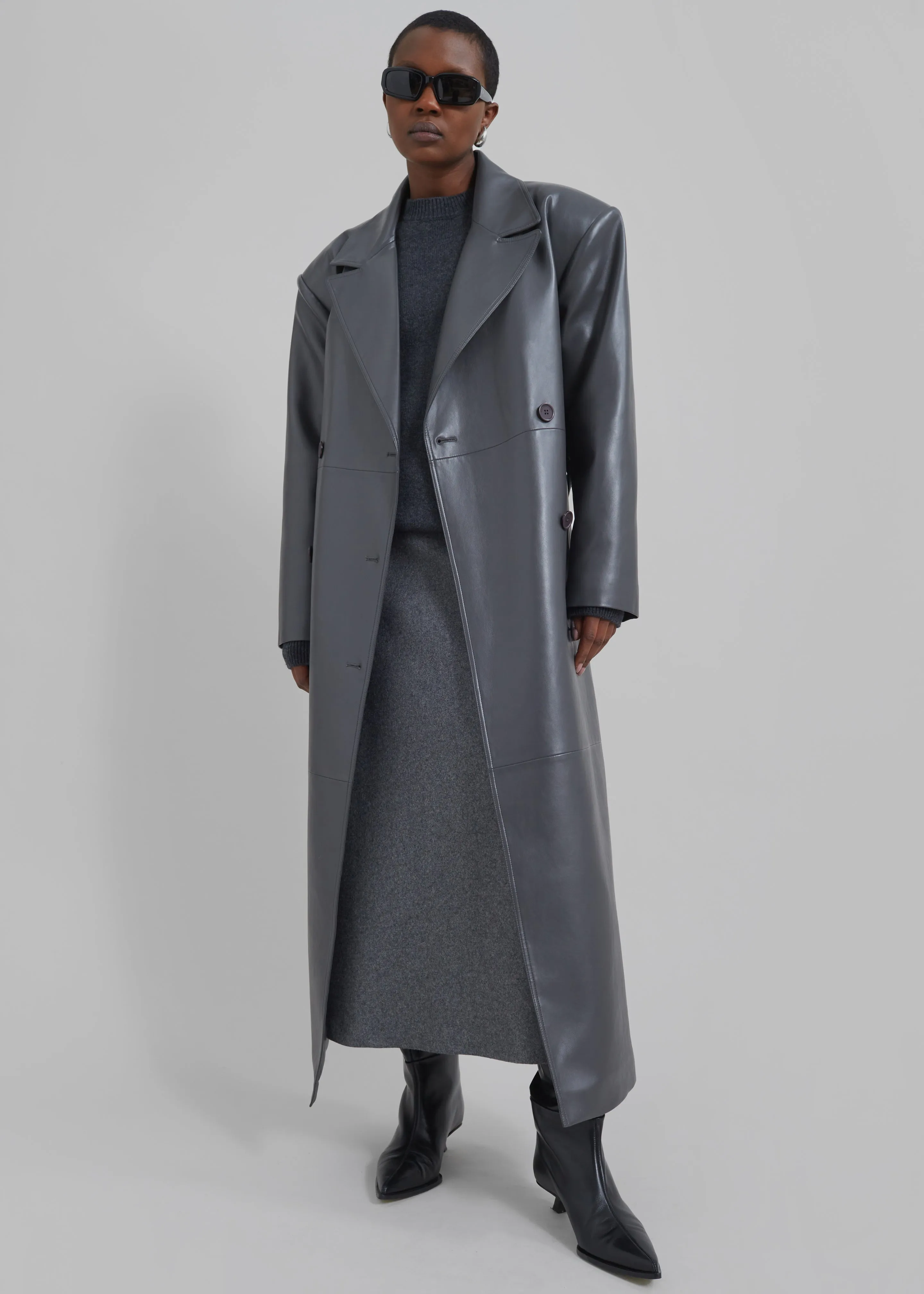 Tina Faux Leather Trench Coat - Grey