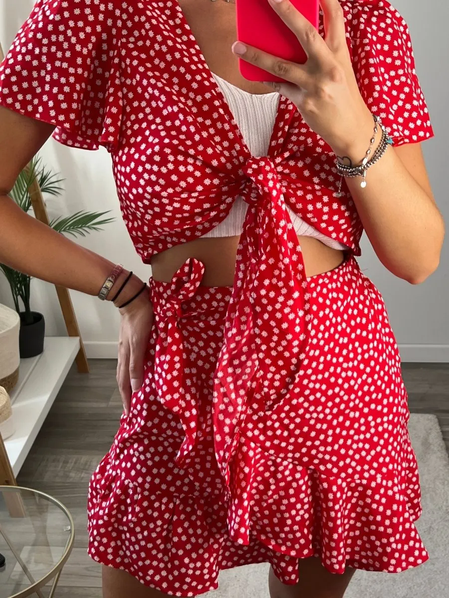 Top rosso a pois con fiocchetto