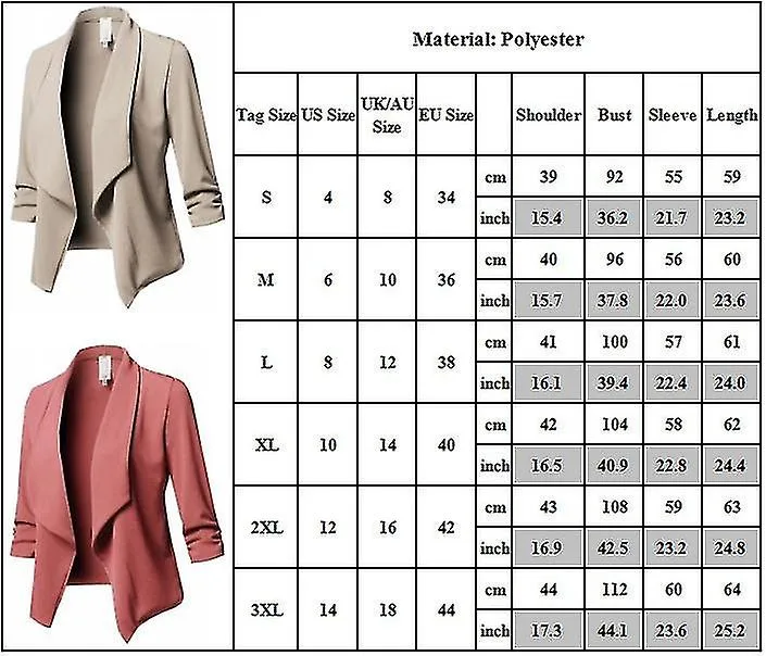 Women's Ladies Long Sleeve Open Front Lapel Blazer Lightweight Work Office Business Formal Suit Jackets Cardigan