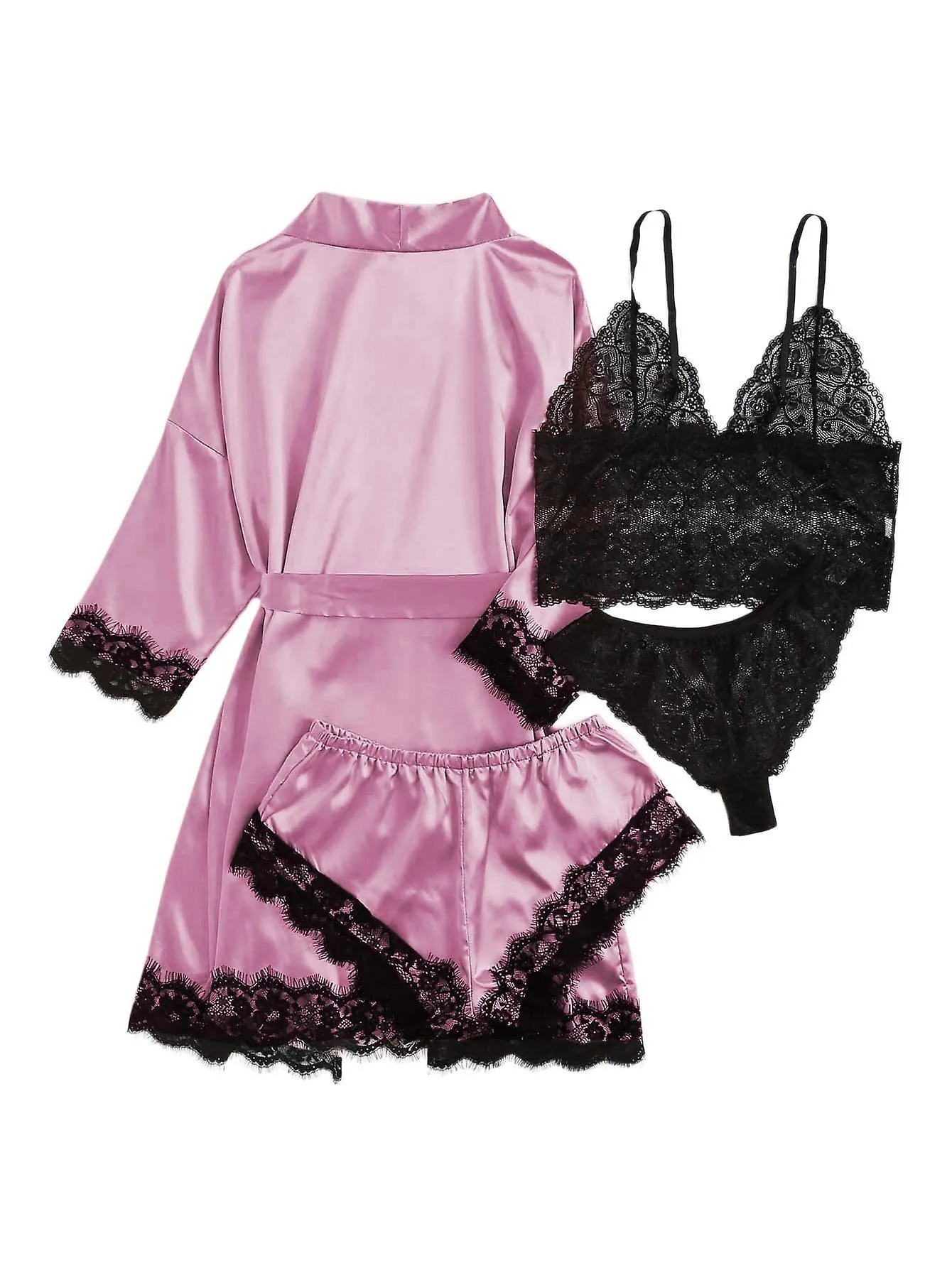 Women's Pajamas 4 Piece Pajama Set Floral Lace Satin Camisole Pajama Set with Robe(Purple)