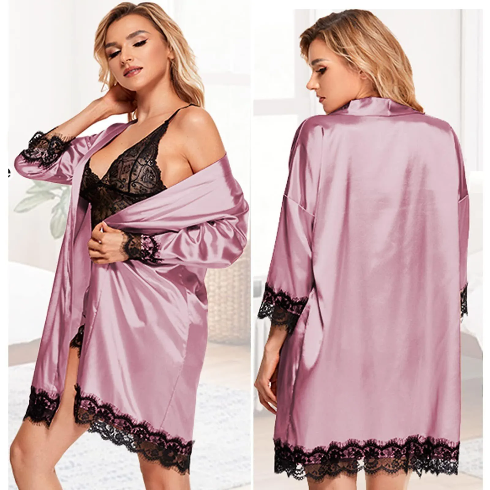 Women's Pajamas 4 Piece Pajama Set Floral Lace Satin Camisole Pajama Set with Robe(Purple)