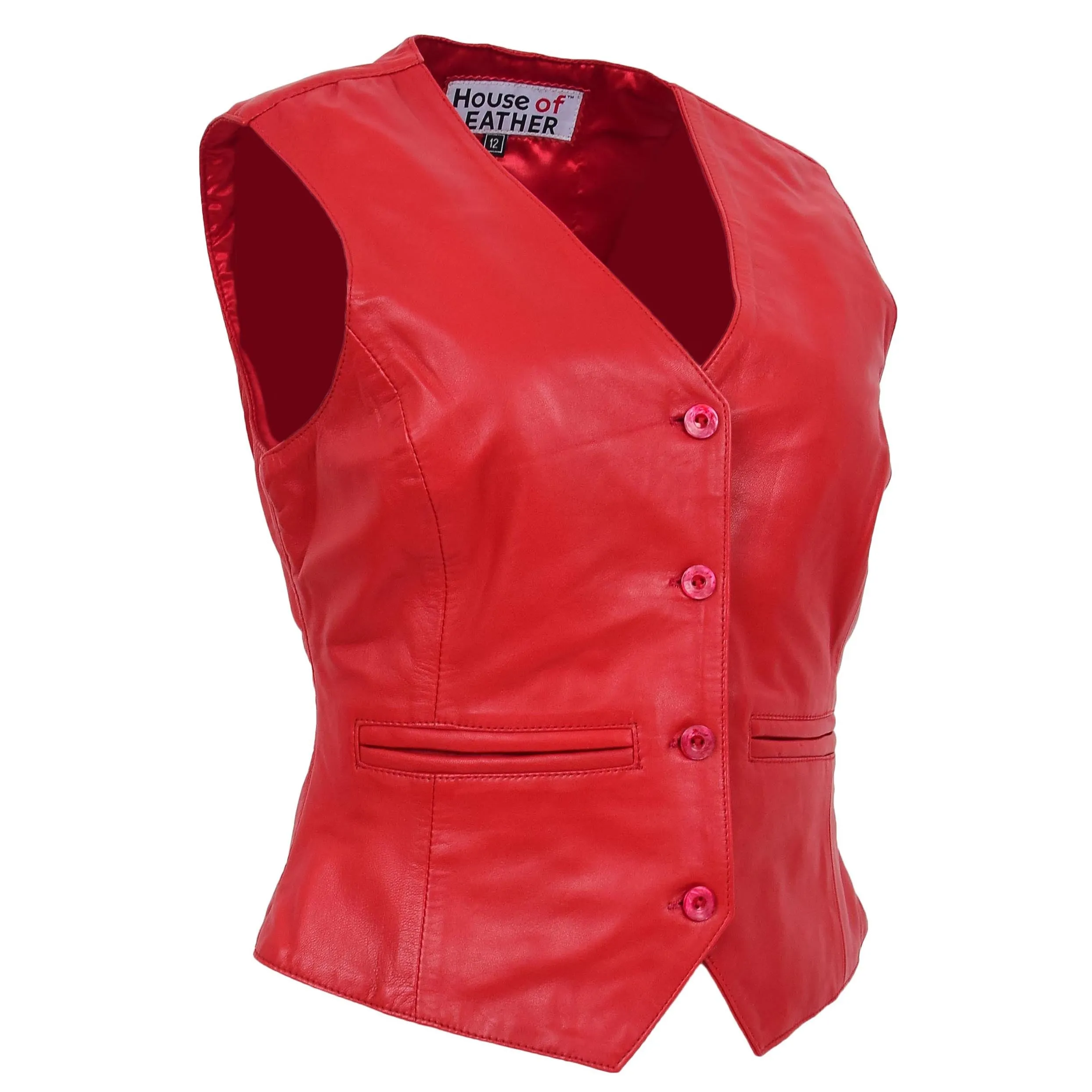 Womens Leather Classic Buttoned Waistcoat Rita Red