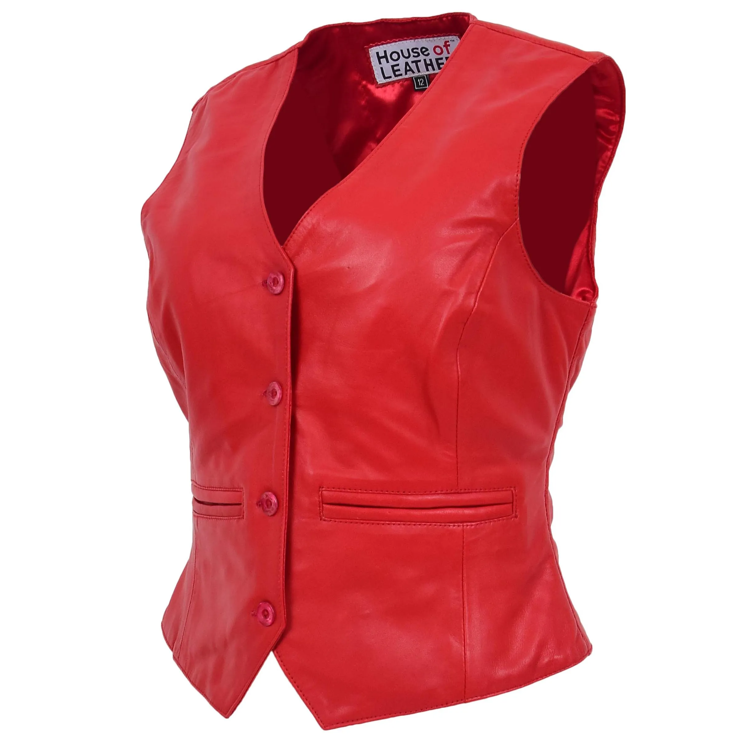 Womens Leather Classic Buttoned Waistcoat Rita Red