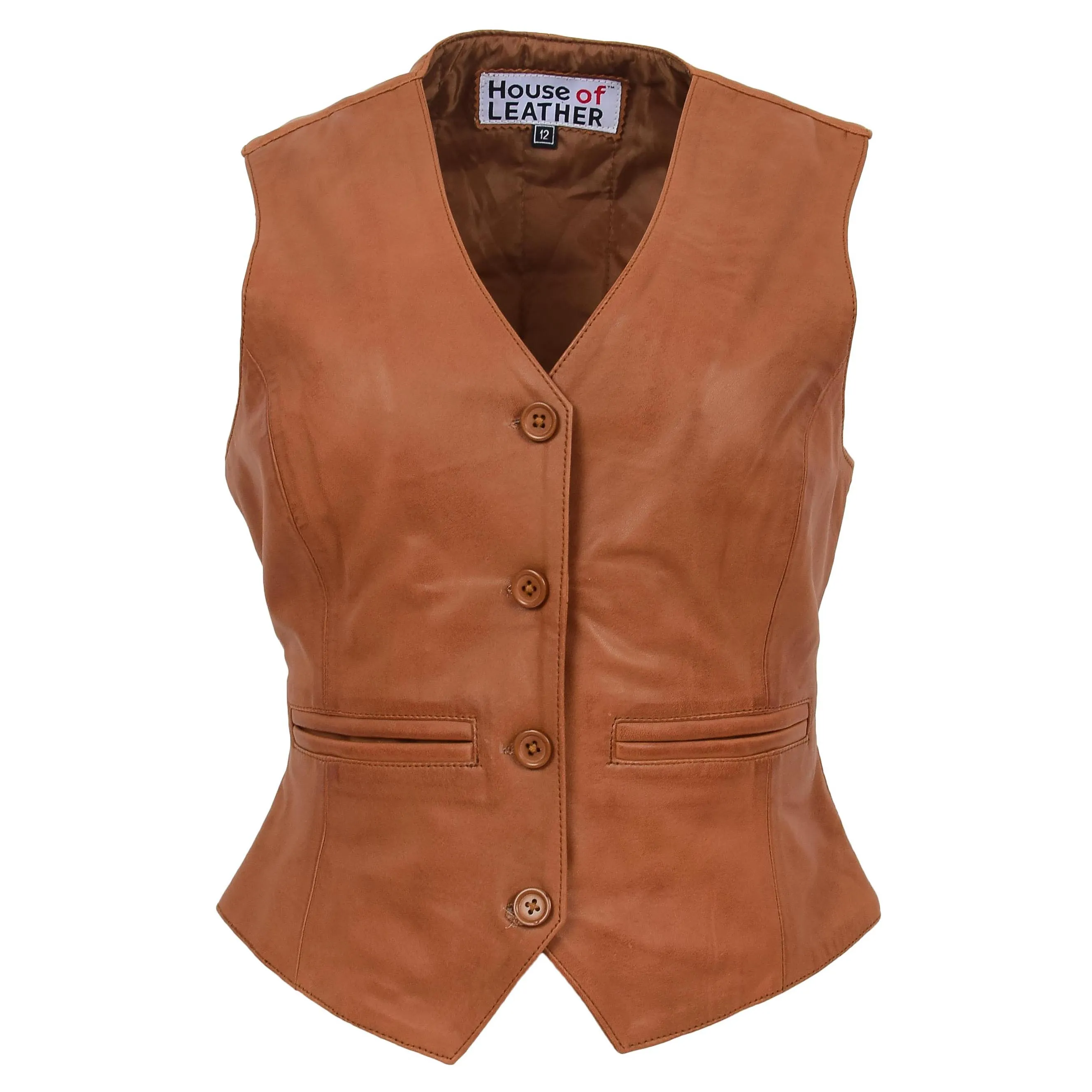 Womens Leather Classic Buttoned Waistcoat Rita Tan