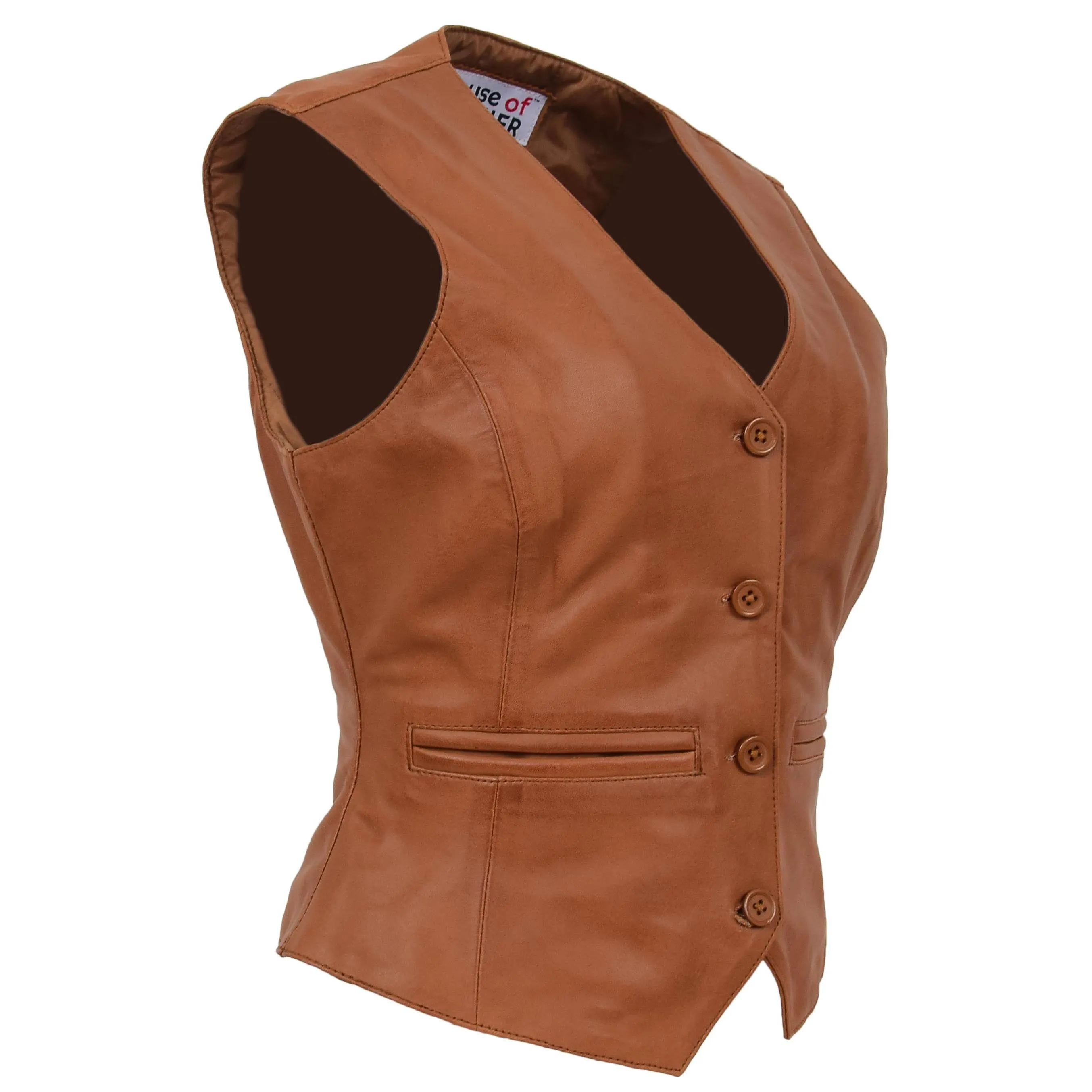 Womens Leather Classic Buttoned Waistcoat Rita Tan