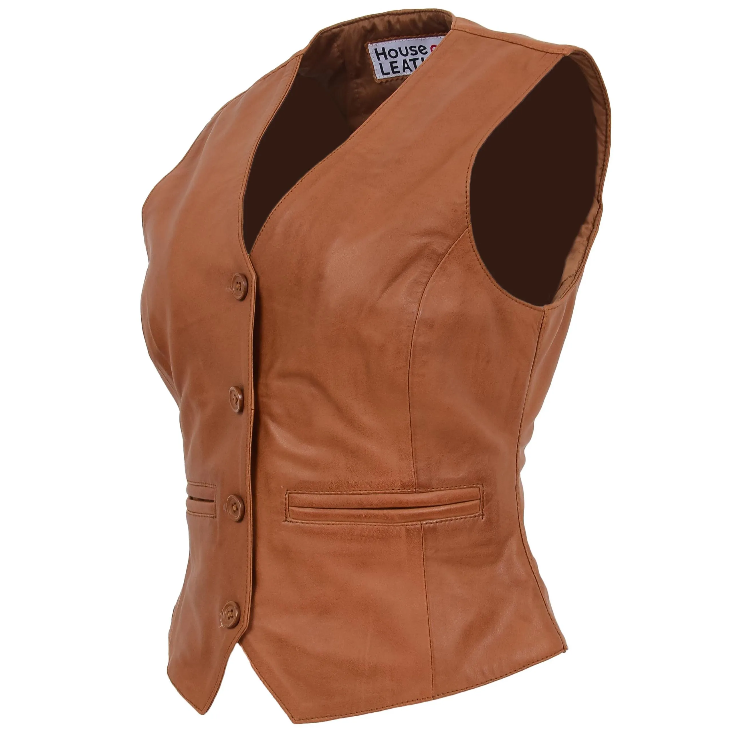 Womens Leather Classic Buttoned Waistcoat Rita Tan