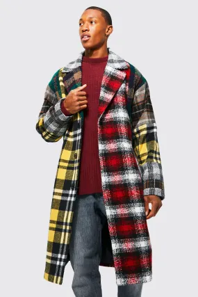 Wool Look Check Colourblock Overcoat | boohooMAN UK